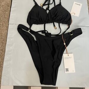 New Quince Italian High-Leg Ring Bikini Bottom Triangle Bikini Top Black Small